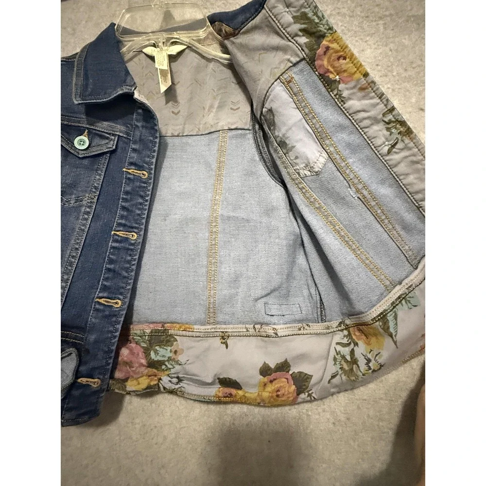 Matilda Jane Vest Girls 8 Blue Denim Button Pockets Ruffle Hem Floral Lined‎